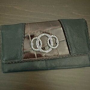 Brighton Black Leather Croc Embossed Wallet Clutch Organizer Silver Hardware